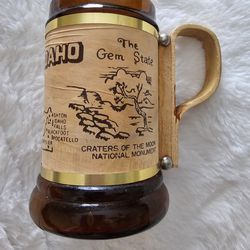 Vintage 1960s Amber Glass Wood Idaho Souvenir Mug W/ Vernier And Bent Wood