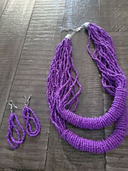 Purple Beaded Necklace & Earrings