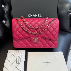 New Rare CHANEL Fuchsia Pink Large Classic Flap Bag Handbag Grained Calfskin Gold Hardware