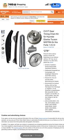 Engine Timing Chain Kit 24321-2E200 Camshaft Sprocket Set with 2 CVVT Gears Fits for Hyundai Kia Elantra Sonata Tucson Optima Soul Forte 2.0L G4NC Rep