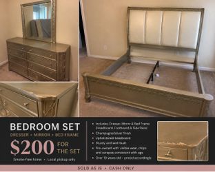 Champagne Silver Bedroom Set – Bed, Dresser & Mirror – $200