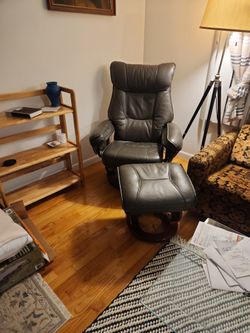 Leather Grey Recliner And Footstool