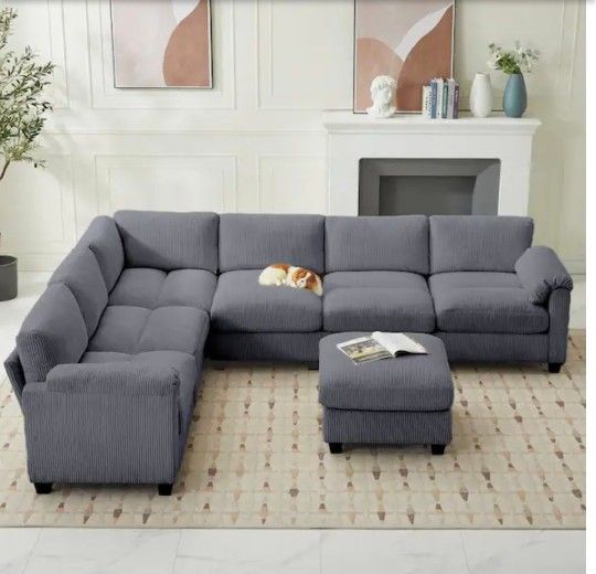 Corduroy Modular U-Shaped grey  7-Seat Sectional Sofa for Living Room and Spacious Space