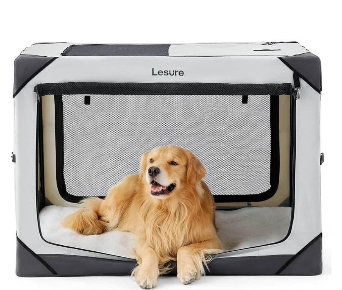 Lesure Collapsible Dog Crate - Portable Dog Travel Crate Kennel for Extra Large Dog, 4-Door Pet Crate with Durable Mesh Windows, Indoor & Outdoor (Lig
