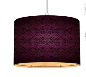 Haunted Mansion-inspired purple drum lamp shade featuring a black baroque damask pattern.
