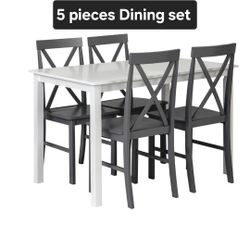 5 pieces  Walker Edison 4 Person Modern Farmhouse Wood Table Set Dining 4 X Chairs Set, 48 Inch, White and Grey