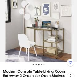 Modern Console Table With 2 Open Shelves & Metal Frame, Golden