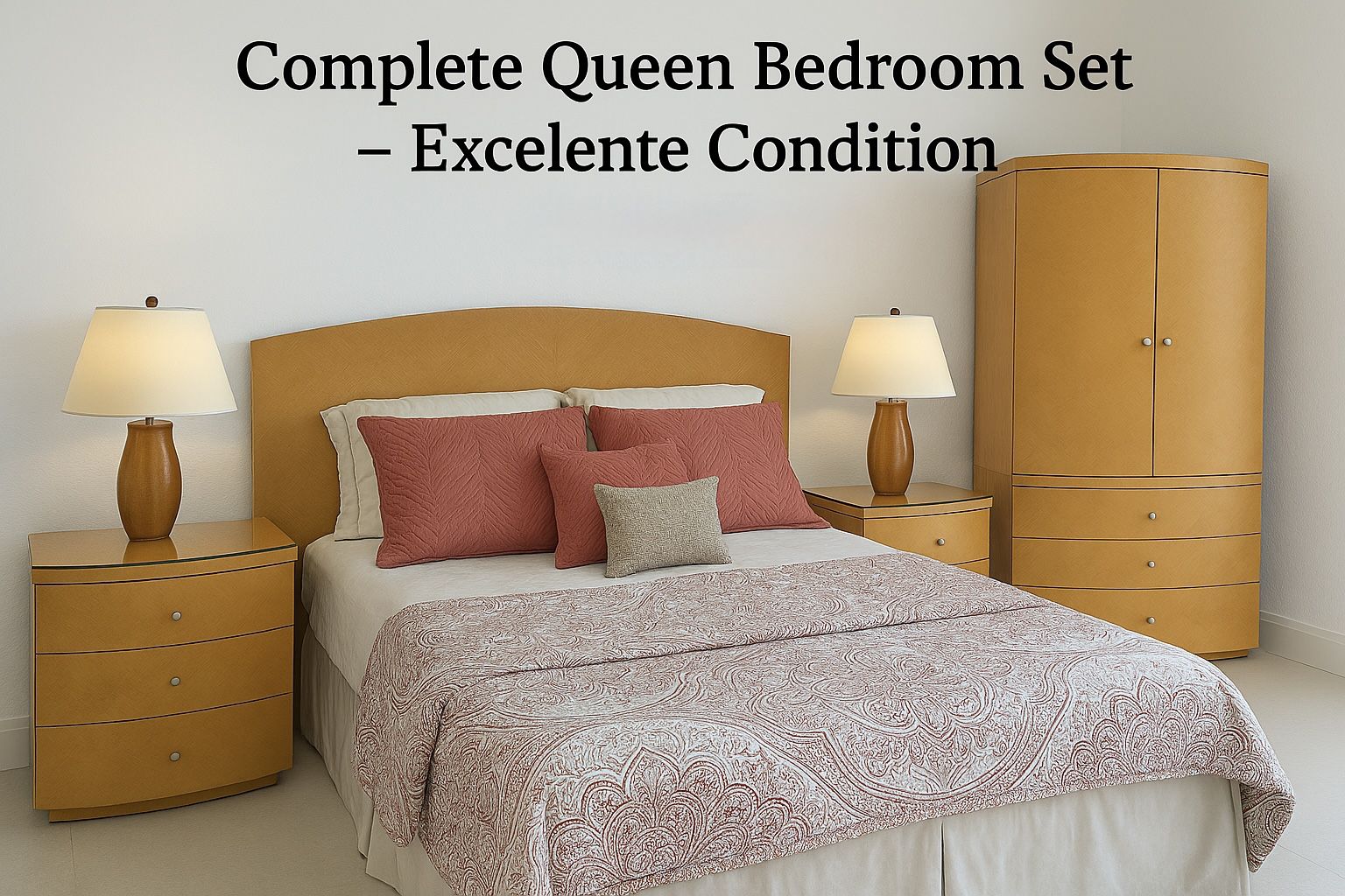 Elegant Queen Bedroom Set – Bed, Mattress, Nightstands & Armoire