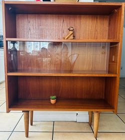 Mid-Century Modern Teak Bookcase with Glass Doors