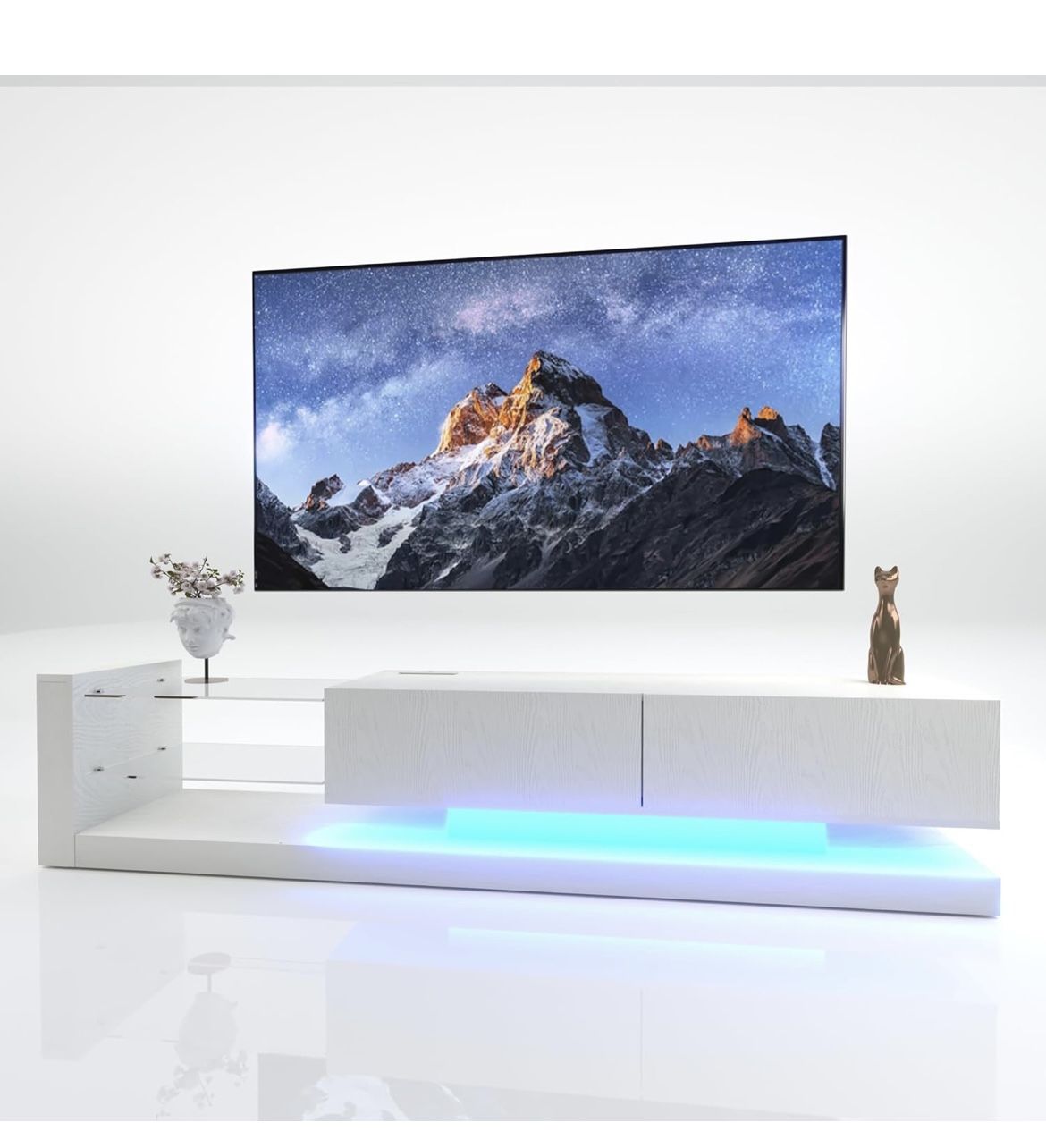 White Large TV Stand With LED Lights, Storage
