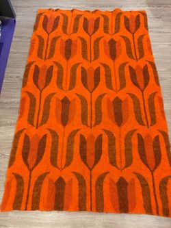 Vintage 1960’s Faalberg Holland Gimbels Wool Blanket Burnt Orange / Brown Mod Tulip Floral 76” x 47”