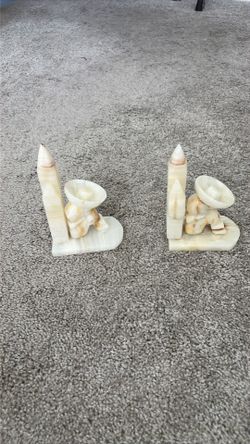 Mid-Century Boho Southwestern Alabaster Marble Siesta Sleeping Figure Book Ends