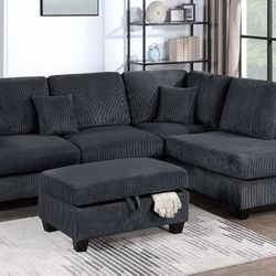 Black Corduroy Sectional Sofa With Ottoman Storage 