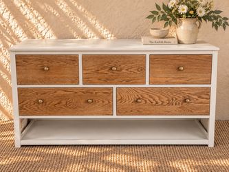 Refinished Solid Pine Five-Drawer Dresser / Console — Cottage White & Natural Wood