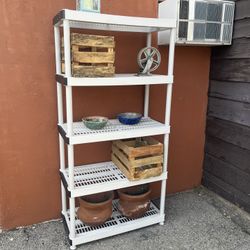 5-Tier Plastic Utility Shelving Unit – Collapsible, White/Black (72” H x 30” W x 18” D)  ⸻  Description  Durable 5-tier plastic utility shelving unit,