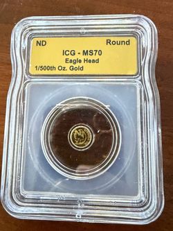 1/500th oz .999 Fine Gold "Eagle Head" round, graded MS70