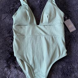 JLO Jennifer Lopez Ribbed Green One Piece Swimsuit Size 9#