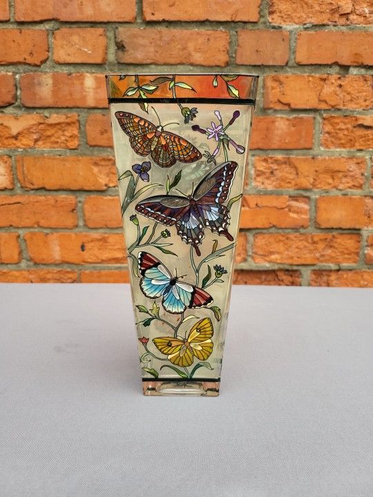 Amia Stained Glass Hand Painted Butterflies on Flowers 4-Sided Tapered Vase