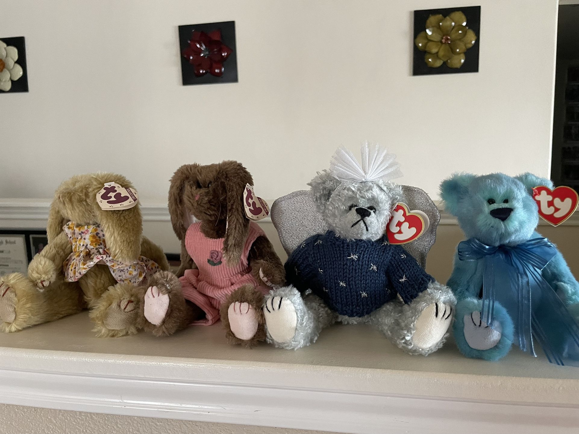 Ty Attic Treasures 1993 Azure & 93 Sterling Bear Beanie Baby Shelby & Rose Bunny