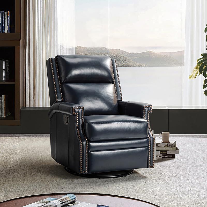 Genuine Leather Recliner Chair, 360 Swivel Rocker Chair with Thick Seat, Classic Push Back Armchair with Backrest, Nailhead Trim, Navy