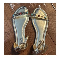 Mila Lady Gold Beaded Women's Flat Sandals Buckle Ankle Strap Size 8