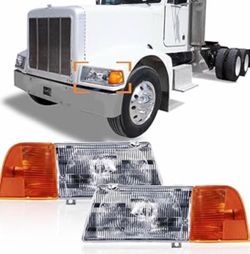 4948H- Headlight with Corner Lamp fit for Peterbilt 385/377 Trucks Halogen Headlights Headlamp Assembly Pair Left Driver and Right Passenger Side  Com