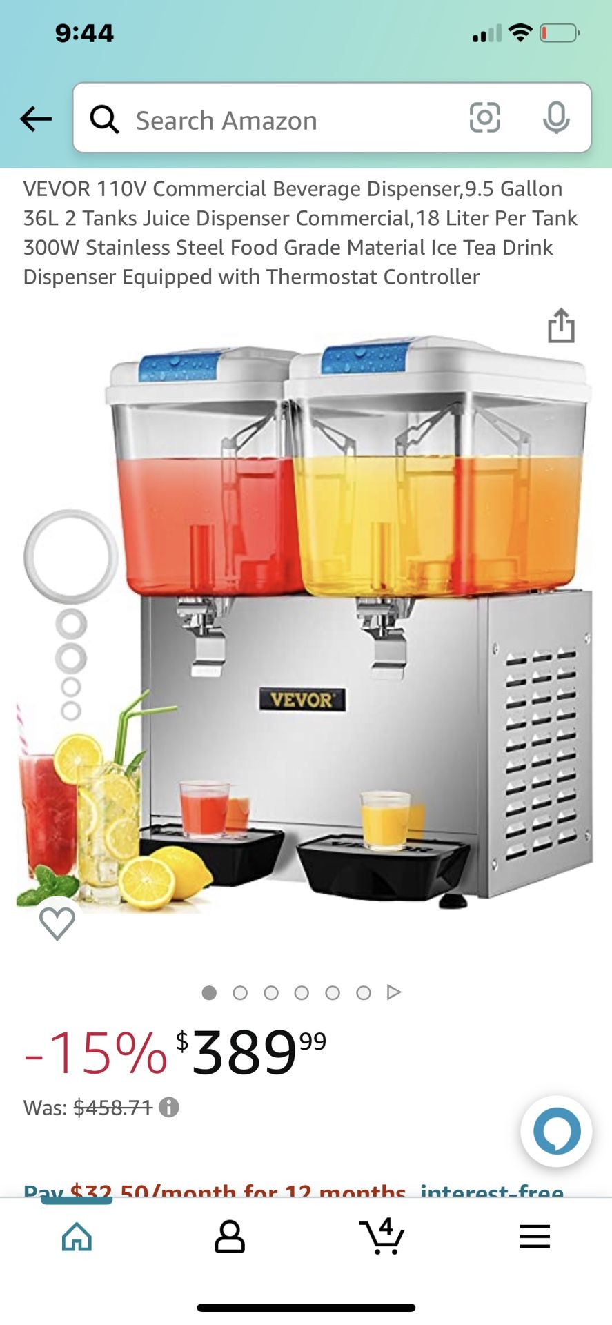 VEVOR 110V Commercial Beverage Dispenser,9.5 Gallon 36L 2 Tanks Juice  Dispenser Commercial,18 Liter Per Tank 300W Stainless Steel Food Grade  Material Ice Tea Drink Dispenser Equipped with Thermostat Controller