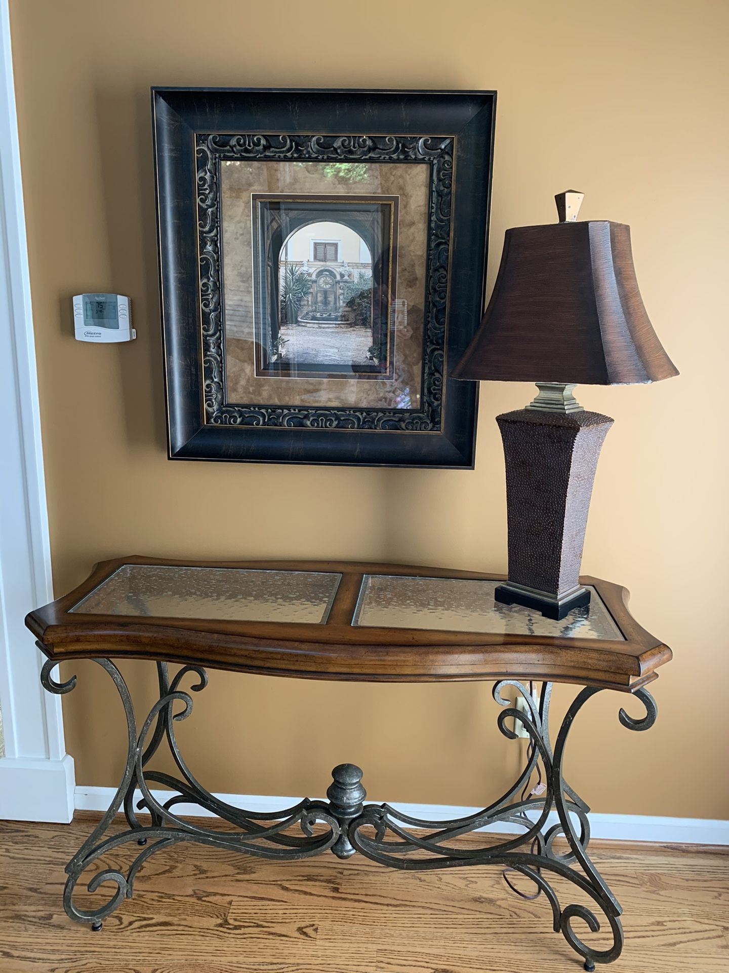 Wood, glass and oil rubbed bronze sofa/console table.