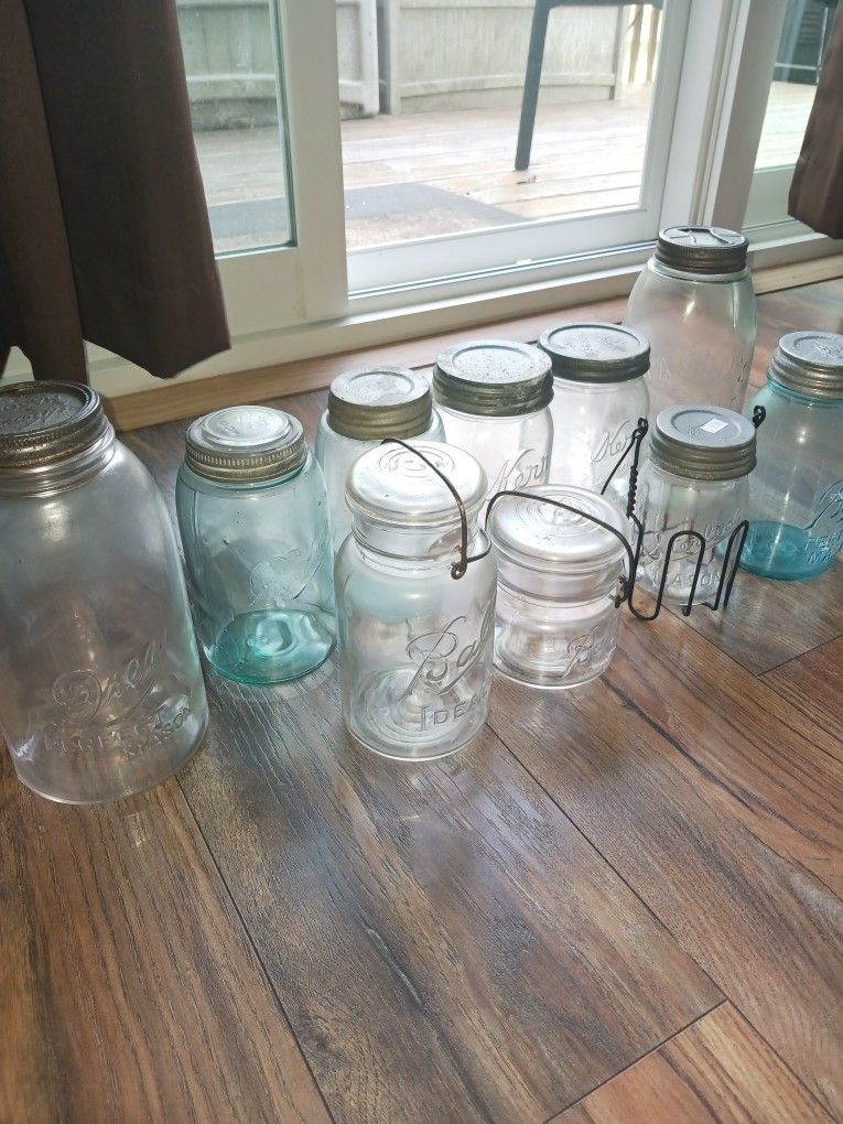 Antique Vintage Mason Jars Lead Lids Bail Wire BALL JARS& VARIOUS BRANDS