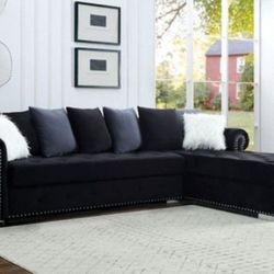 Brand New Glam Black Velvet Luxury Sectional Sofa  Pillows Included 