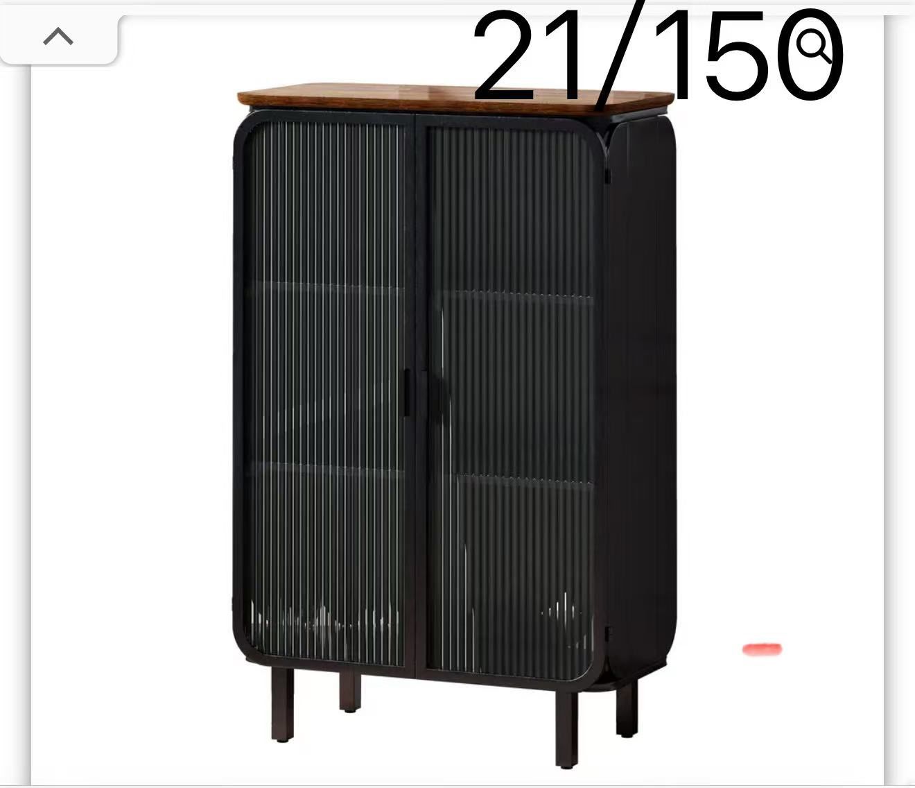 “28.35” Glass Doors Modern Two-door Cabinet, Three-tier Storage, Fir Top, Black+Brown”