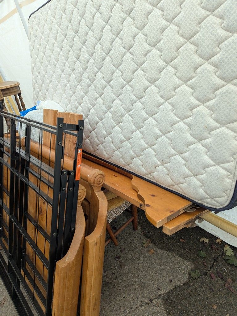 Newer Mattress, Metal Folding Box spring And Beautiful Old Sleigh Bed 