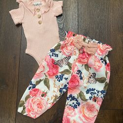 Girls Pink Shirt And Flower Pants Size 0/3 Months #3
