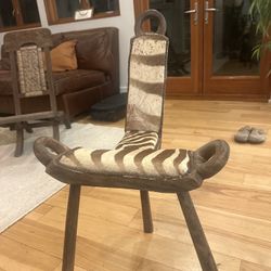 Antique Rustic Primitive Wooden Chair with Cream & Brown Cow Skin / Vintage Birthing Stool