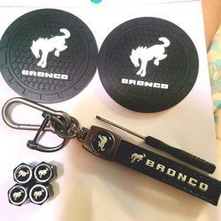 NEW! BRONCO TIRE VALVE STEM COVERS, CUP HOLDER COASTERS & KEYCHAIN 
