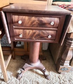 Vintage American Empire Style Mahogany Two-Drawer Side Table with Pedestal Base & Paw Feet