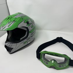 DOT Youth Kids Motocross Helmet with Goggles Green Flame