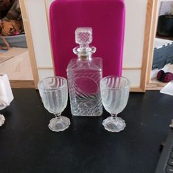 Antique Art Deco Decanter Crytal Set With Two Glasses
