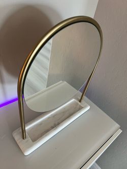Gold Oval Vanity Mirror with Marble Tray Base