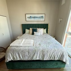 Moving — Selling my KING size, Velvet Emerald Green Bed Frame & Mattress