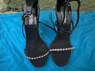 HOLLYWOOD VINTAGE 7.5 MEN USA Black Strappy Heeled Sandals with Rhinestone Strap WOMEN