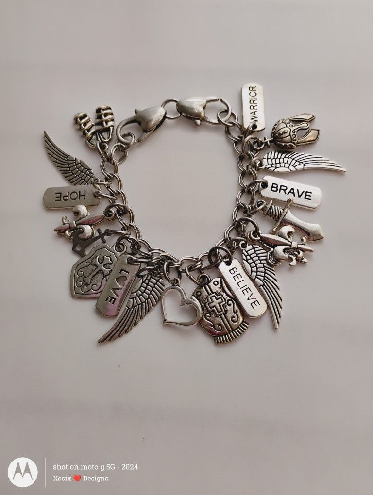 Armor of God Bracelet /Chunky Charm Bracelet /Heart Lobster Clasp /Silver Charms/ Warrior /Faith Hope & Love /Believe