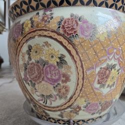 Antique Asian-Style Jardinière Floor Planter w/ Metal Stand – Large 12” Hand-Painted Pot 