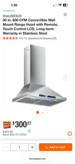 INATECK
30 in. 600 CFM Convertible Wall Mount Range Hood with Remote, Touch Control LCD, Long-term Warranty in Stainless Steel