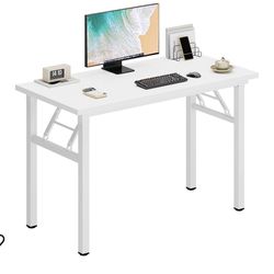 DlandHome 39 inches Small Computer Desk for Home Office Folding Table Writing Table for Small Spaces Study Table Laptop Desk No Assembly Required Whit