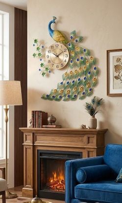 🦚 Large Peacock Metal Wall Clock 31" | Luxury Wall Decor for Living Room Bedroom