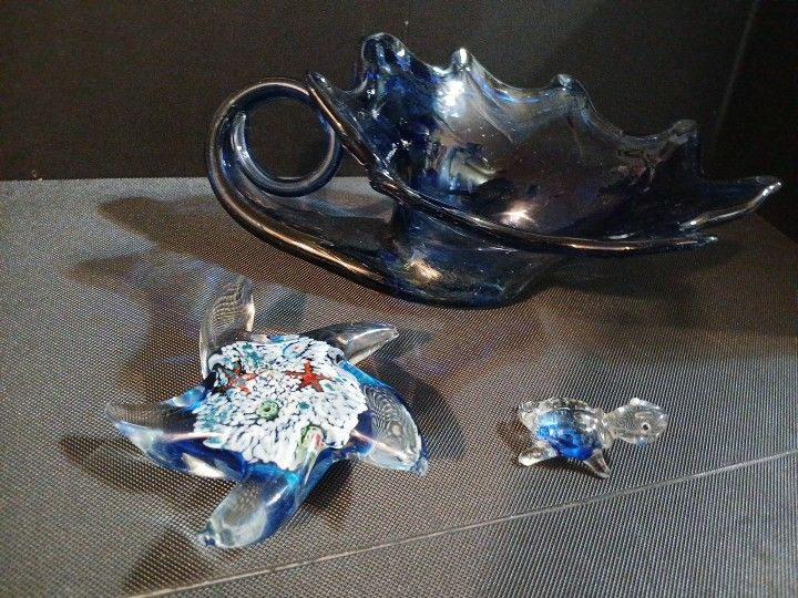 Hand Blown Glass Ocean Scene -Conch Shell, Starfish & Sea Turtle SEE Description