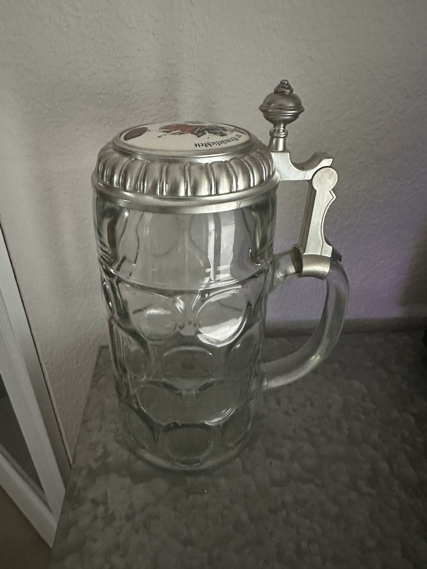 Stamped Lid Clear Glass German Beer Stein