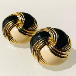 80s VTG Black Ivory Enamel Love Knot Gold Tone Earrings