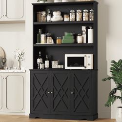 72.2" Kitchen Pantry Cabinet with Microwave Stand, 3 Door Hutch Storage Cabinet with Shelves for Kitchen Living Room, Black